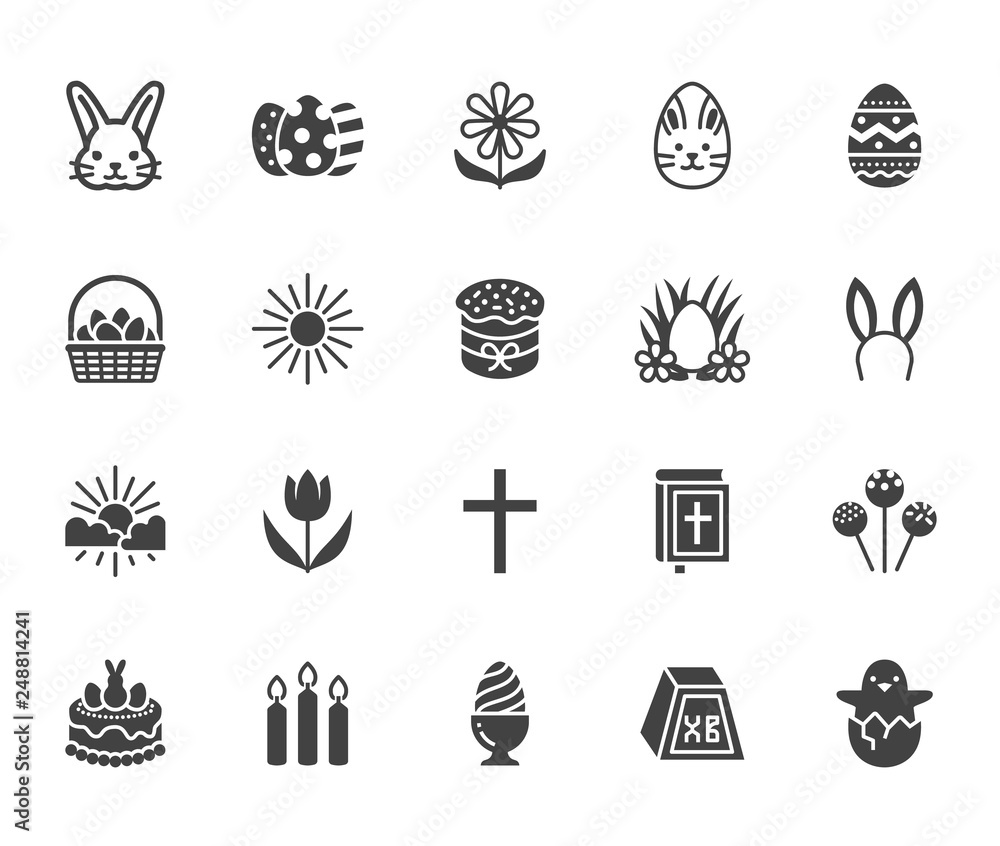 Easter flat glyph icons set. Colored eggs, basket, egg hunt, rabbit, spring flowers, bible, cake vector illustrations. Signs christianity celebration. Solid silhouette pixel perfect 64x64 Easter flat glyph icons set. Colored eggs, basket, egg hunt, rabbit, spring flowers, bible, cake vector illustrations. Signs christianity celebration. Solid silhouette pixel perfect 64x64