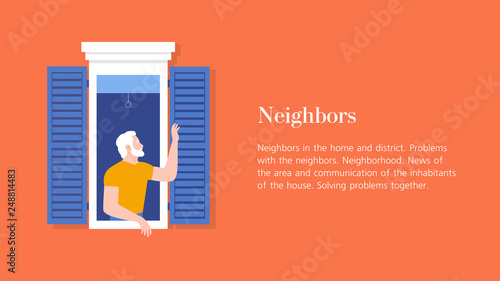 Grandfather waving from the window. Elderly neighbor welcomes. Horizontal banner with text. Vector flat illustration.