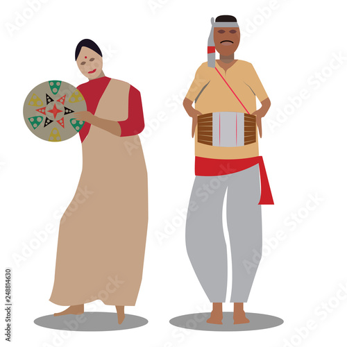 The bihu man plays music, and the bihu woman dances to his melody. A man and a woman perform the Bihu from Assam folk dance. Indian cultural festival holiday concept illustration vector.