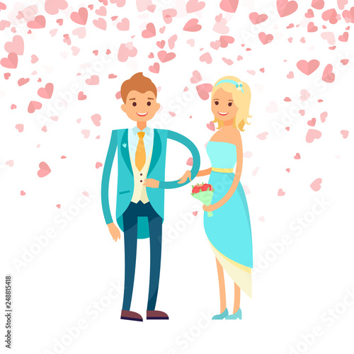 Bride in gentle dress and groom in blue suit vector isolated people. Just married couple, happy newlywed girlfriend with bouquet and boyfriend, marriage