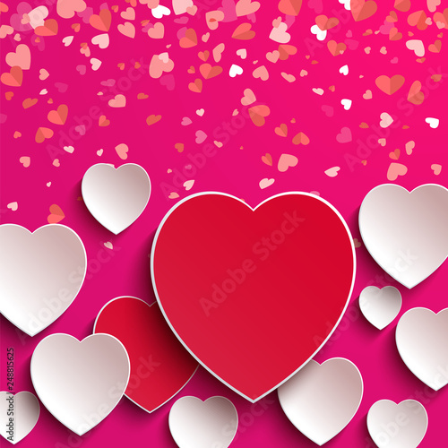 Valentine postcard with pink and white colorful hearts. Feeling in love creative composition, minimal style, bright card, paper cut festive greeting vector