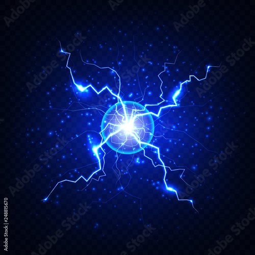 Blue Electric flash of lightning on a dark transparent background. Realistic vector circle lightning