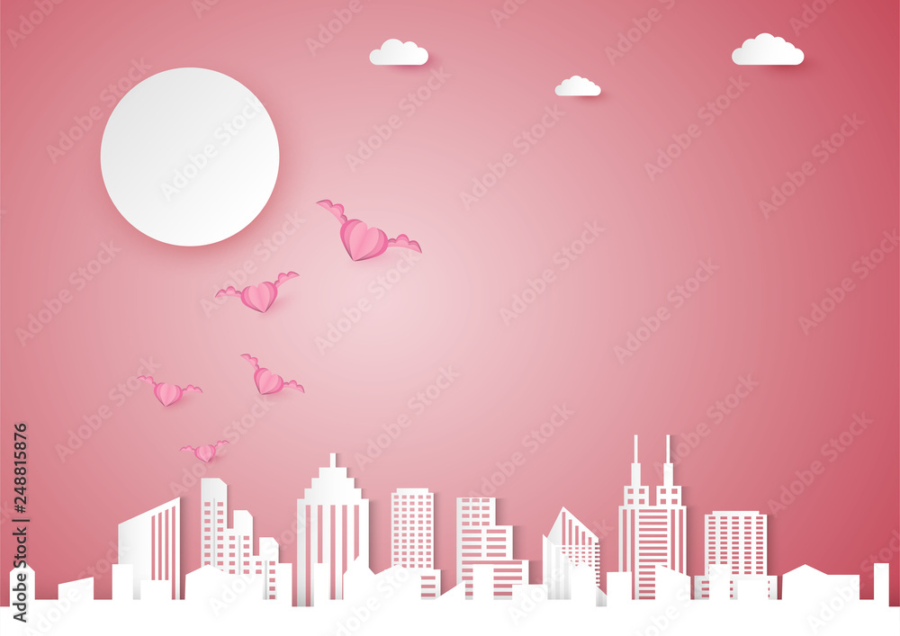 Valentines day vector background with pink heart shape and wing, love and cityscape concept, paper cut design