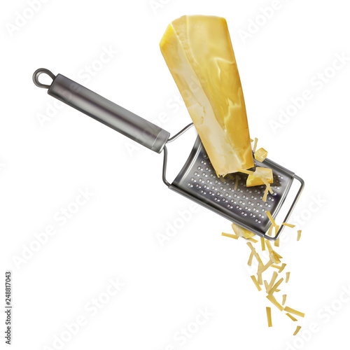 A piece of Parmesan cheese is rubbed on a hand grater. 3d realistic vector illustration isolated on white background.