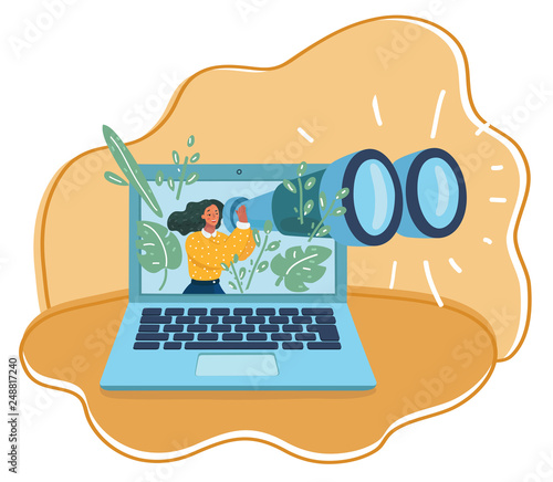Woman in laptop interacts looking thought binocular