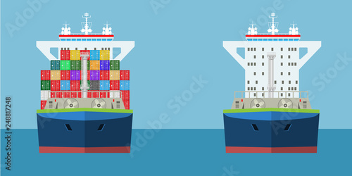 Empty and full Cargo Container ship with front view. Freight Transportation concept. High detailed vector illustration.