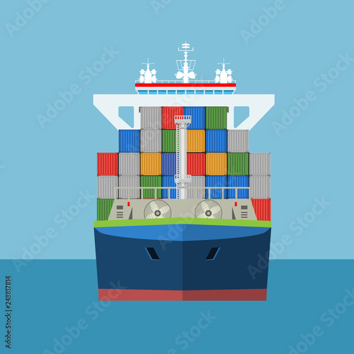 Empty Cargo Container ship with front view. Freight Transportation concept. High detailed vector illustration.