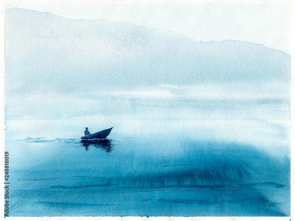 Watercolor illustration with sea, boat and fisherman. Hand drawn