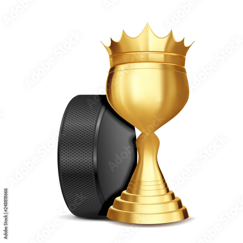 Ice Hockey Award Vector. Ice Hockey Puck, Golden Cup. Banner Advertising. Sport Event Announcement. Competition Announcement, Game, League Design. Championship Illustration