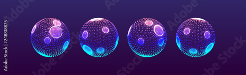 The sphere consisting of points. Global digital connections. Technology concept. Array with dynamic particles. 3D grid design. Vector illustration for science and technology.