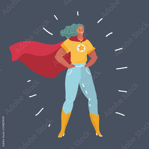 Superhero Woman standing on dark background.