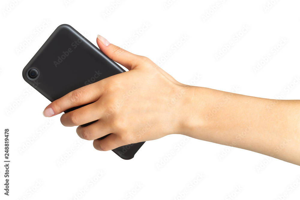 Women's hand showing black smartphone, concept of taking photo or selfie Women's hand showing black smartphone, concept of taking photo or selfie