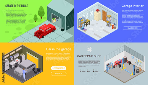 Garage interior banner set. Isometric set of garage interior vector banner for web design