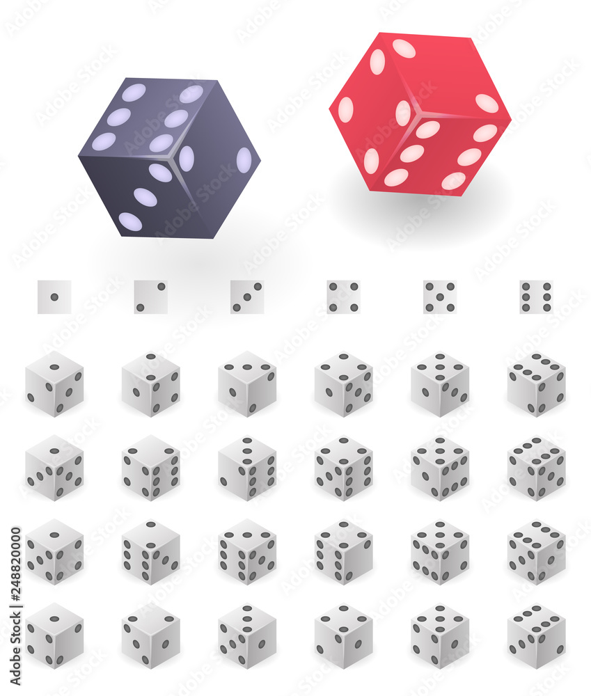 Dice icons set. Isometric set of dice vector icons for web design isolated on white background Dice icons set. Isometric set of dice vector icons for web design isolated on white background
