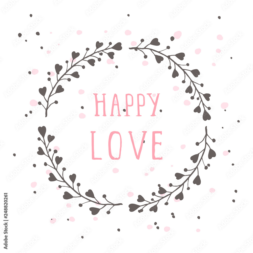 Vector hand drawn illustration of text HAPPY LOVE and floral round frame on white background. Colorful.