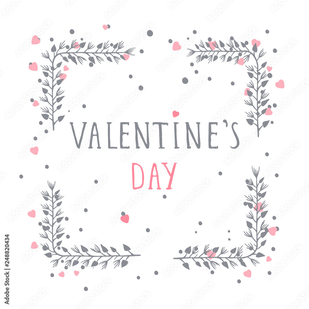 Vector hand drawn illustration of text VALENTINE'S DAY and floral rectangle frame on white background. Vector hand drawn illustration of text VALENTINE'S DAY and floral rectangle frame on white background.