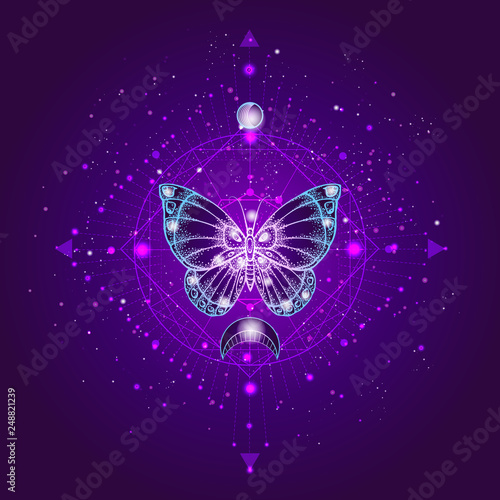 Vector illustration with hand drawn butterfly and Sacred geometric symbol against night starry sky. Abstract mystic sign.