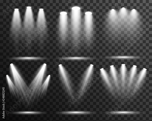 Spotlight illuminated scene set collection, stage, podium light effect vector transparent