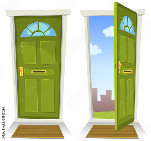 Cartoon Green Door, Open And Closed/ Illustration of a cartoon front red door opened on a spring urban backyard and closed, symbolizing private and public frontier, paradise or heaven's gate, with mat