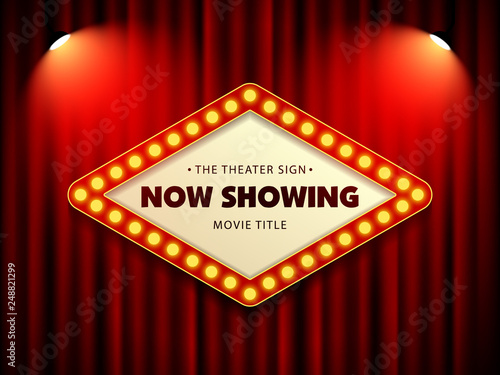 Cinema Theater Retro Sign on curtain with spotlight. Vector Illustration