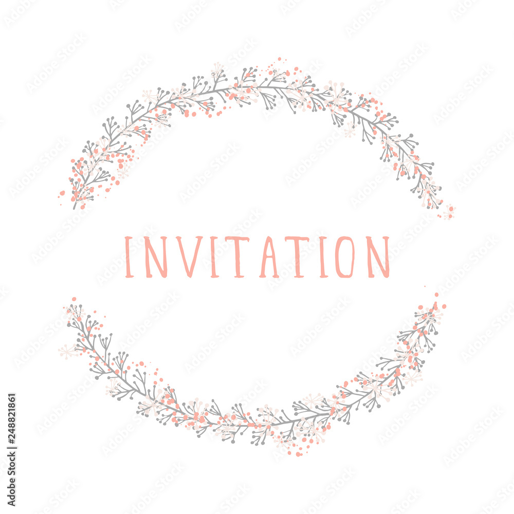 Vector hand drawn illustration of text INVITATION and floral round frame on white background. Colorful.