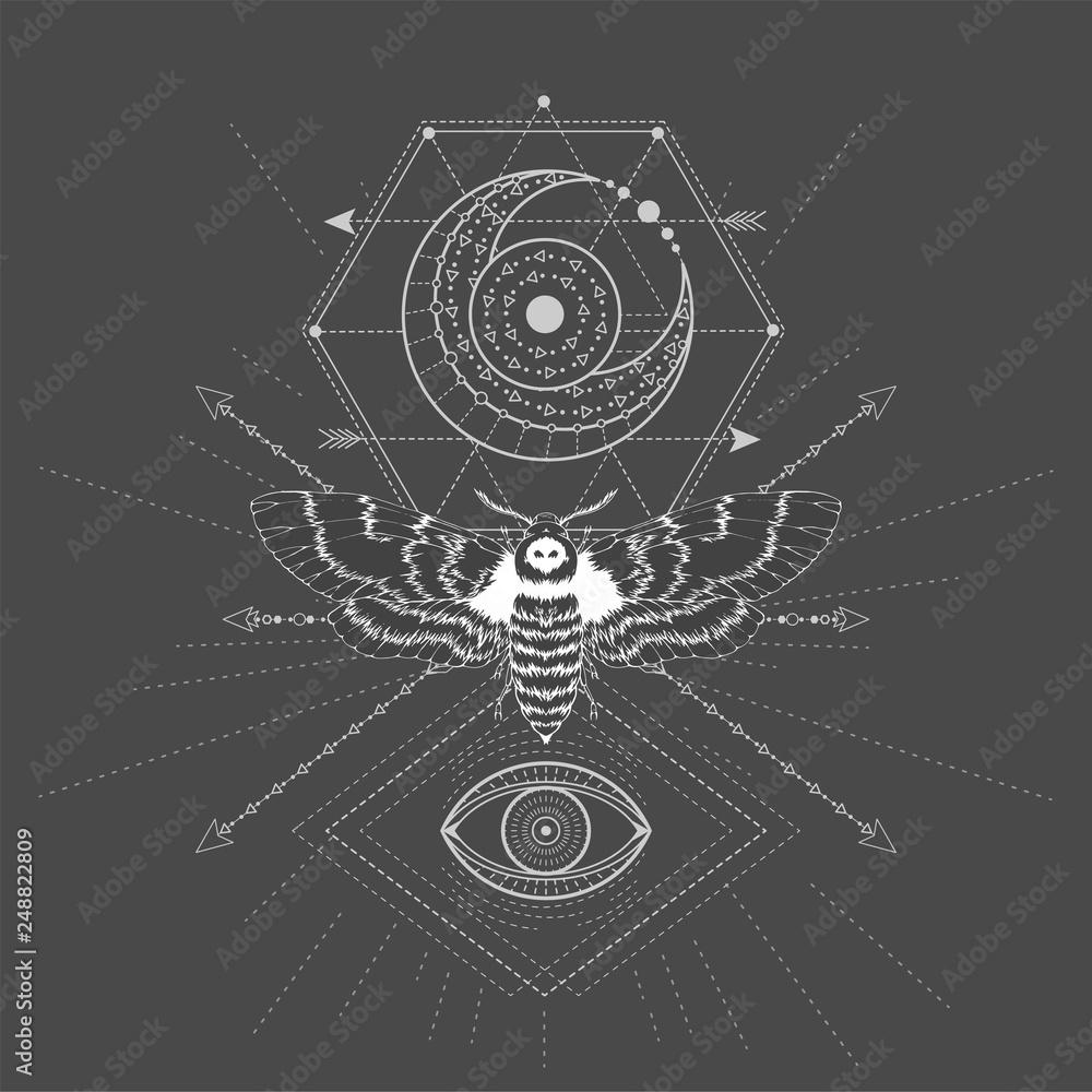 Vector illustration with hand drawn butterfly Dead head and Sacred geometric symbol on black background. Abstract mystic sign.