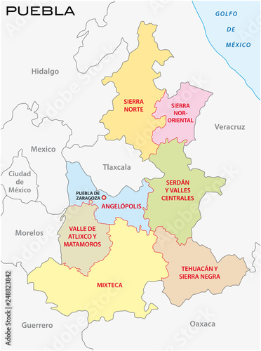 Puebla administrative and political vector map, mexico