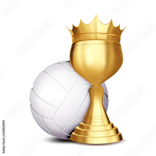 Volleyball Award Vector. Volleyball Ball, Golden Cup. Banner Advertising. Sport Event Announcement. Competition Announcement, Game, League Design. Championship Illustration