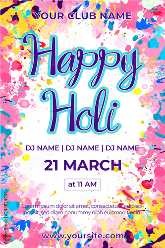 Holi celebration party colorful pink and yellow splattered club flyer template. Vector eps 10