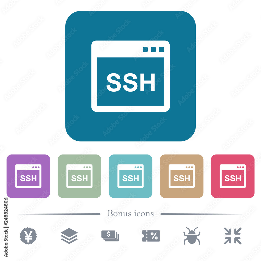 SSH client application flat icons on color rounded square backgrounds SSH client application flat icons on color rounded square backgrounds