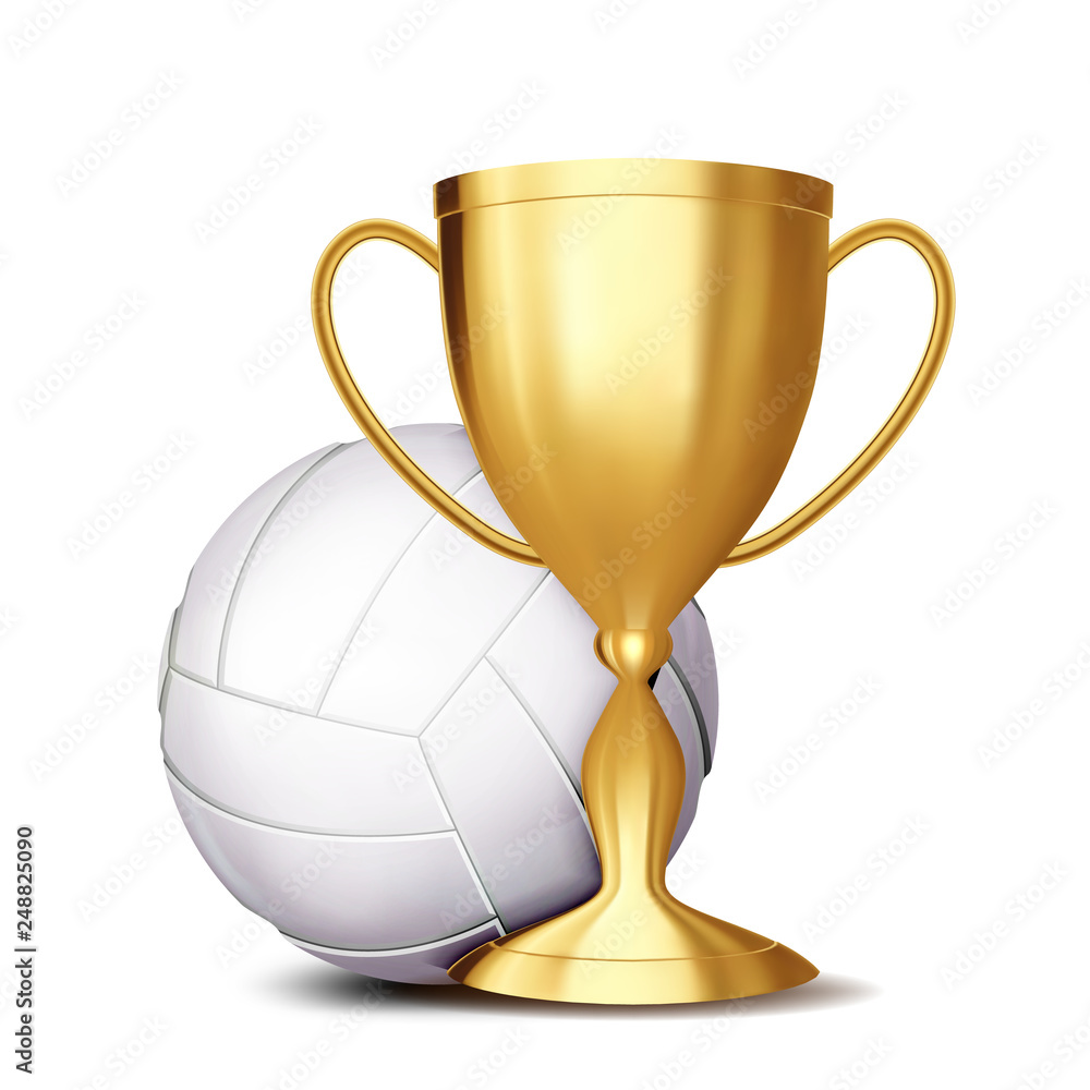 Volleyball Award Vector. Volleyball Ball, Golden Cup. For Sport Promotion. Tournament, Championship Flyer Design. Volleyball Club, Academy. Invitation Element Illustration Volleyball Award Vector. Volleyball Ball, Golden Cup. For Sport Promotion. Tournament, Championship Flyer Design. Volleyball Club, Academy. Invitation Element Illustration