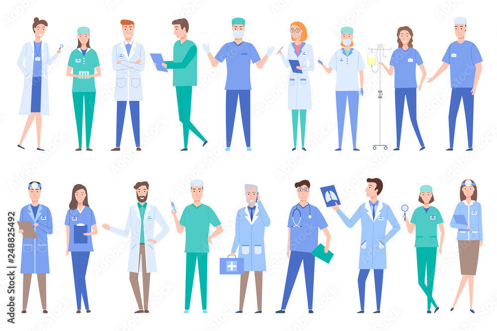 People working as doctors wearing gowns uniforms vector. Set of specialized professionals dealing with treatment and prescriptions surgeons with x ray. Set of peoples work in clinic flat style People working as doctors wearing gowns uniforms vector. Set of specialized professionals dealing with treatment and prescriptions surgeons with x ray. Set of peoples work in clinic flat style