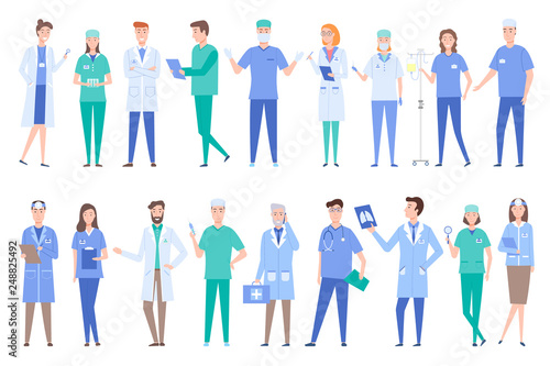 People working as doctors wearing gowns uniforms vector. Set of specialized professionals dealing with treatment and prescriptions surgeons with x ray. Set of peoples work in clinic flat style