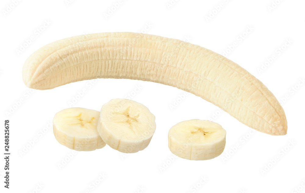 Geschälte Banane und Scheiben Geschälte Banane und Scheiben