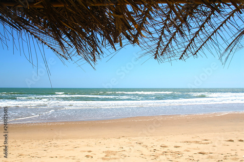 View of the sea and the beach from under a canopy of palm leaves