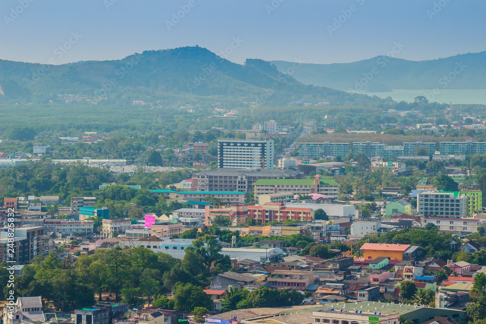 Beautiful landscape view of Phuket city from Khao Rang viewpoint, small hill in Phuket city, Thailand. Beautiful landscape view of Phuket city from Khao Rang viewpoint, small hill in Phuket city, Thailand.