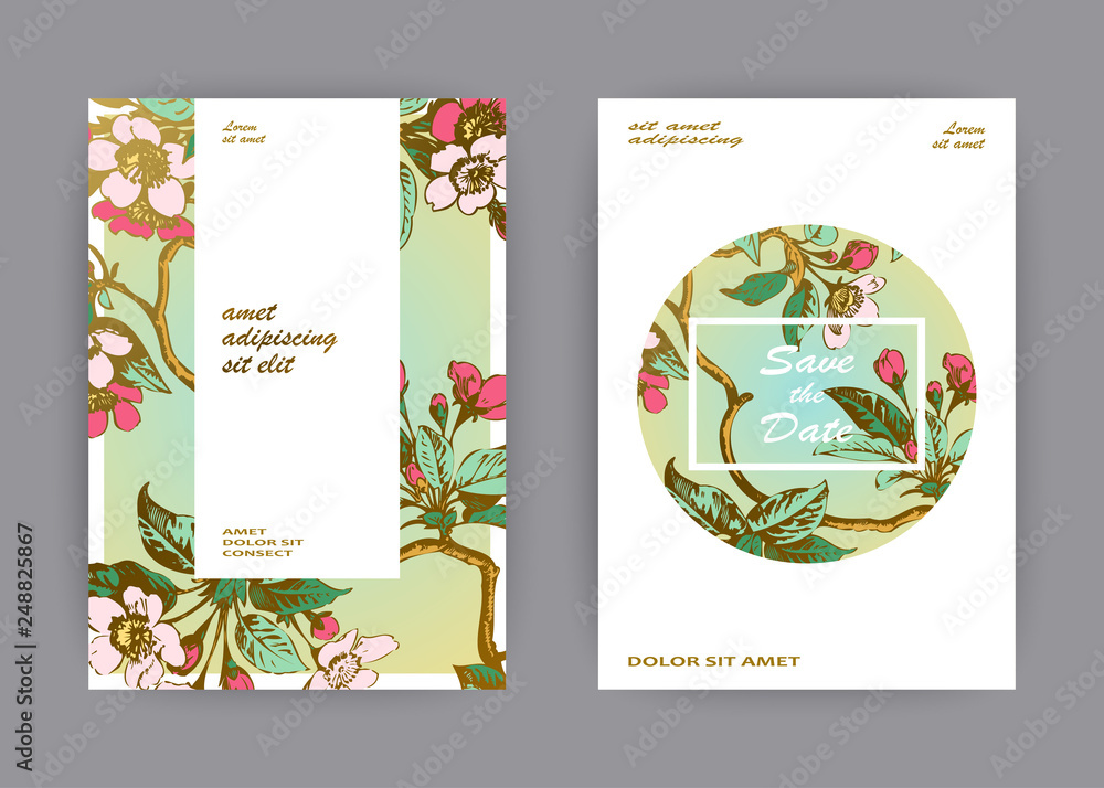 Botanical wedding invitation card template design hand drawn sakura flowers and leaves on branches, vintage rural cherry blossom on green gold circle background, retro pastel color vector illustration