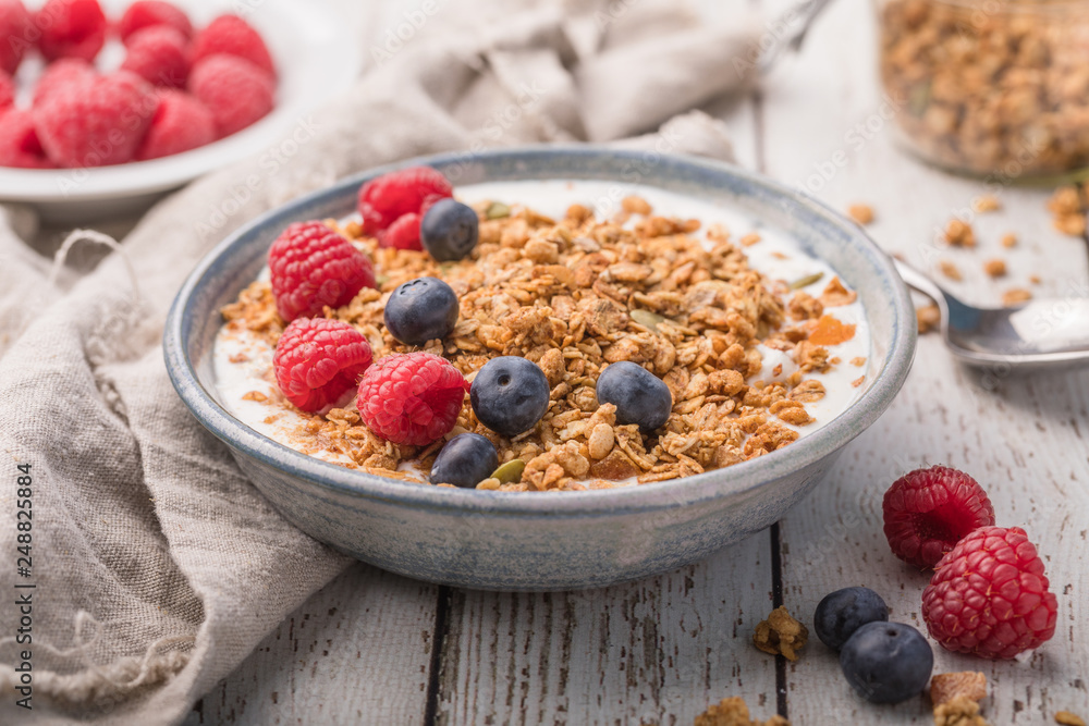 A bowl of healthy granola with fresh berries A bowl of healthy granola with fresh berries
