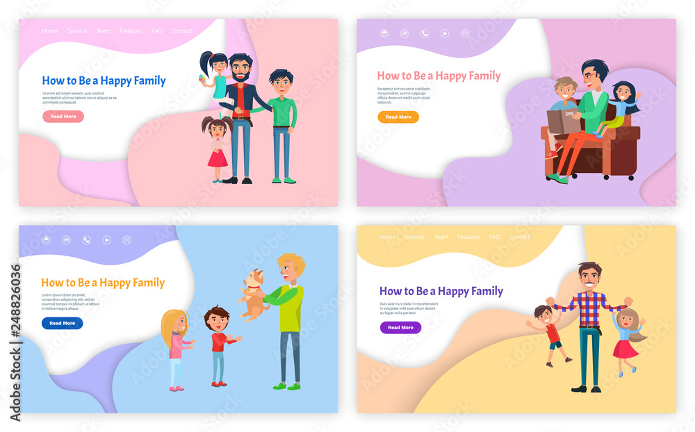 How to be happy family vector, father reading fairy tales vector. Man with kids playing games, daddy giving puppy to children, son and daughter website