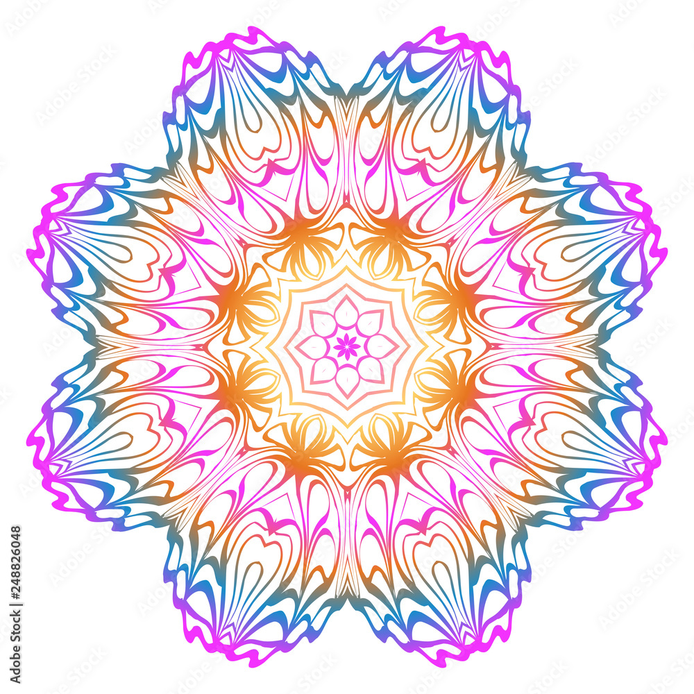 Simple Round Floral Mandala, Ethno Motive. Bright Ornament Consists Of Simple Shapes. Vector Illustration.. For Home Decor, Coloring Book, Card, Invitation, Tattoo. Anti-Stress Therapy Pattern.