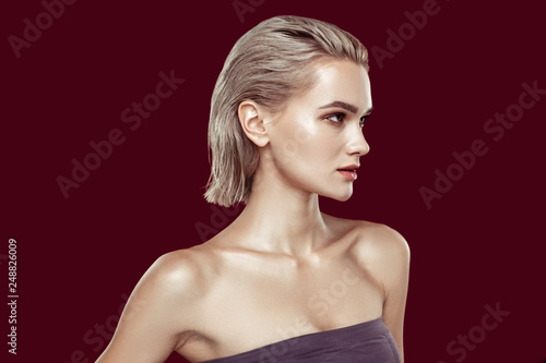 Photography Slim appealing photo model with nice hairstyle and makeup