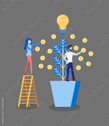 Dollar tree grown by investors business finances vector. Man and woman with a plant harvesting profit, lady standing on ladder, lightbulb on top idea