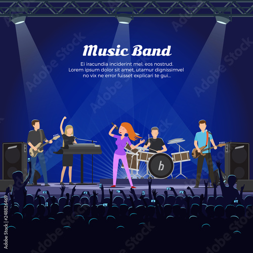 Music band singers and musicians with instruments vector. People playing on stage, vocalist and guitarist, drummer and bass player performing for fans