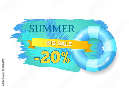 Summer big sale, summertime proposition for clients of shop. Lifebuoy and tropical trees leaves. Stripe with text and promotion, clearance vector