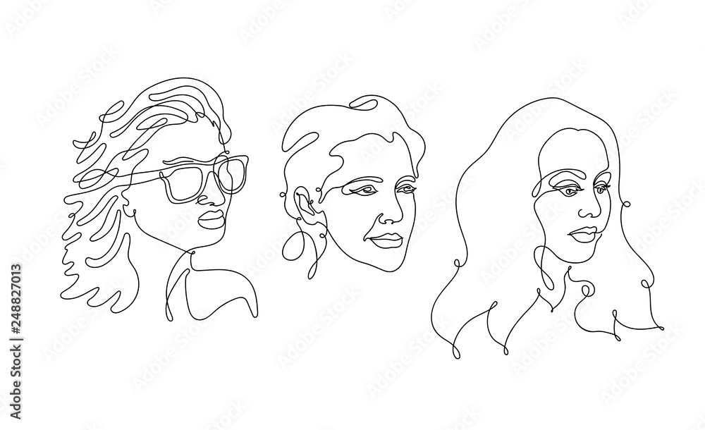 Set of Continuous line, drawing faces and hairstyle, fashion concept, woman  beauty minimalist. Freehand drawing. Vector illustration. Isolated on white  background. Stock Vector | Adobe Stock