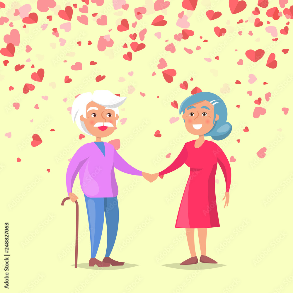 Smiling elderly man holding woman hand on white. Valentine grandparents day, feelings between old people, romantic day. Card decorated hearts vector Smiling elderly man holding woman hand on white. Valentine grandparents day, feelings between old people, romantic day. Card decorated hearts vector