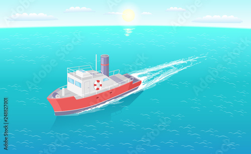 Steamboat marine transport vessel sailing in sea or ocean leaving traces in water. Transportation sailboat on skyline, speedboat floating vector icon