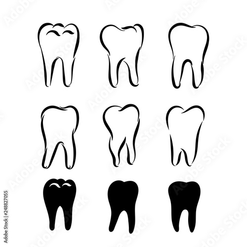 Set of tooth logo icon for dentist or stomatology dental care design template. Outline line tooth symbol for dentistry clinic or dentist medical center and toothpaste package. Vector illustration.