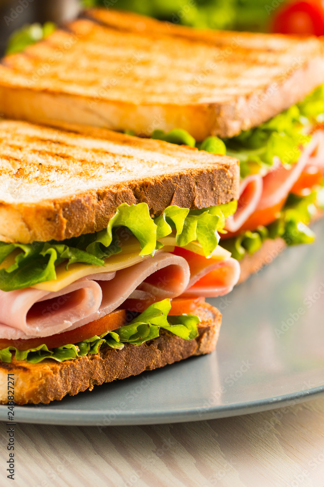 Close-up of two sandwiches with bacon, salami, prosciutto and fresh vegetables on rustic wooden cutting board. Club sandwich concept. Close-up of two sandwiches with bacon, salami, prosciutto and fresh vegetables on rustic wooden cutting board. Club sandwich concept.