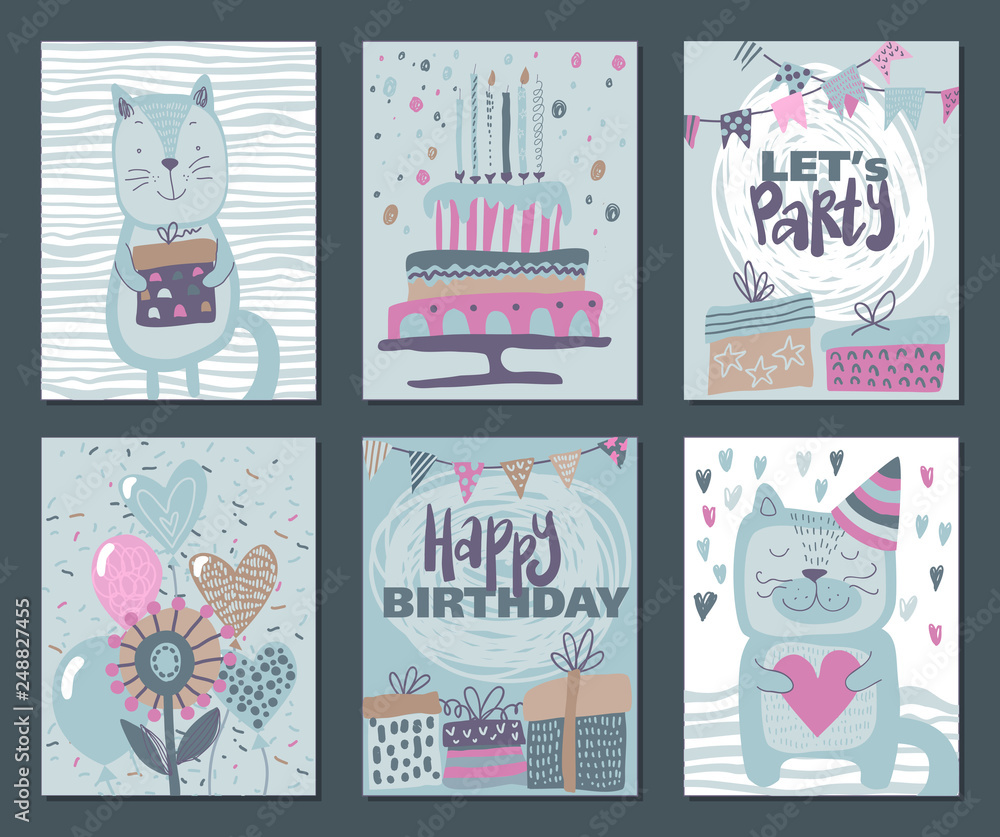 Obraz premium Set of three Happy Birthday Party cards. Vector hand drawn illustration